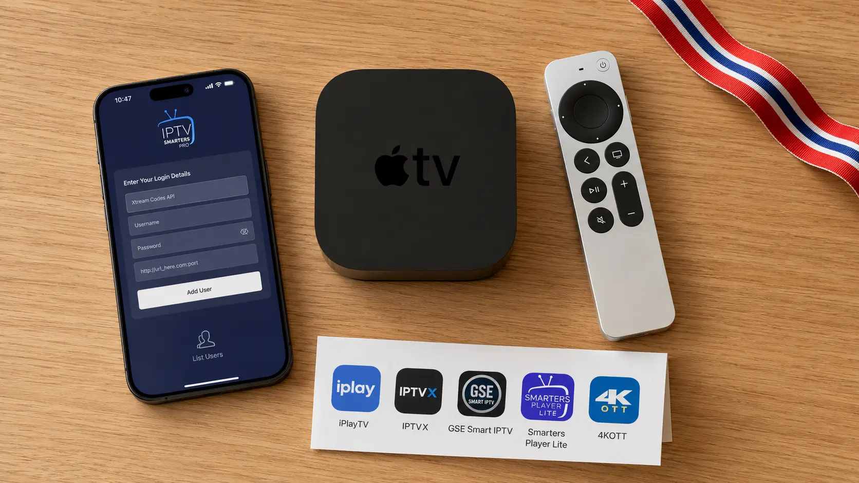 iPlayTV, IPTVX, GSE Smart IPTV, Smarters Player Lite og 4KOTT-app-ikoner med Apple TV 4K og Siri Remote